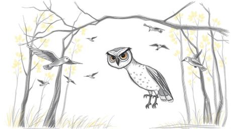 A heartwarming hand-drawn pencil sketch in the style of Pixar.  It depicts a kind, blind owl patiently teaching a flock of bi