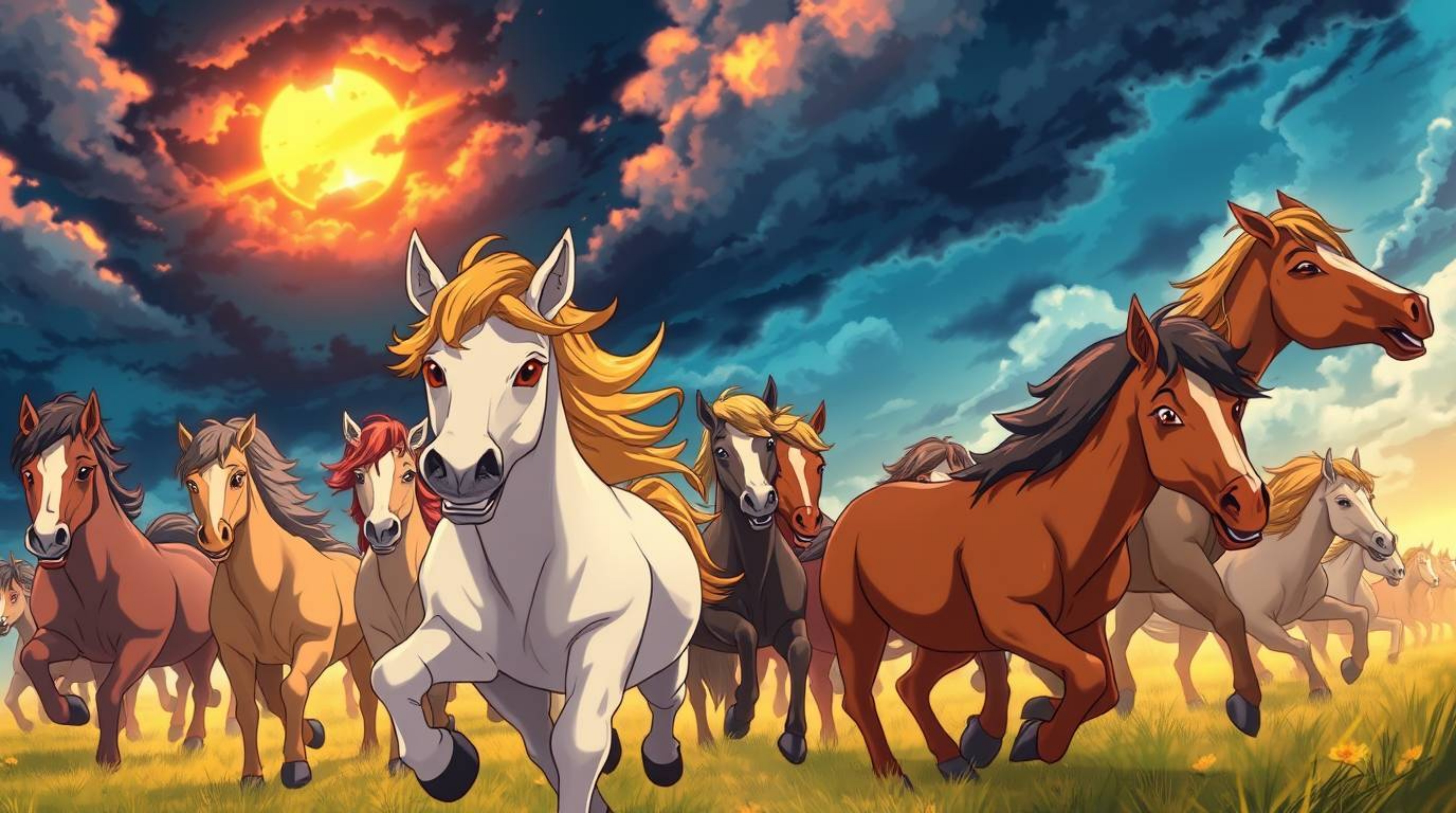 Experience the thrill of an isekai world with this stunning anime-style illustration. A herd of charming and adorable wild ho