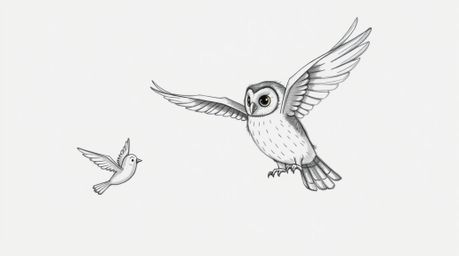 A heartwarming hand-drawn sketch depicts a blind owl, rendered in a Pixar-esque style, teaching birds how to fly. The image e