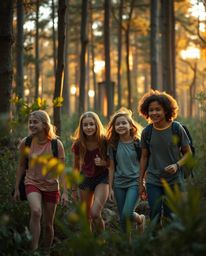 A fine art photograph capturing a group of friends with unique characteristics exploring a vibrant forest bathed in the soft,