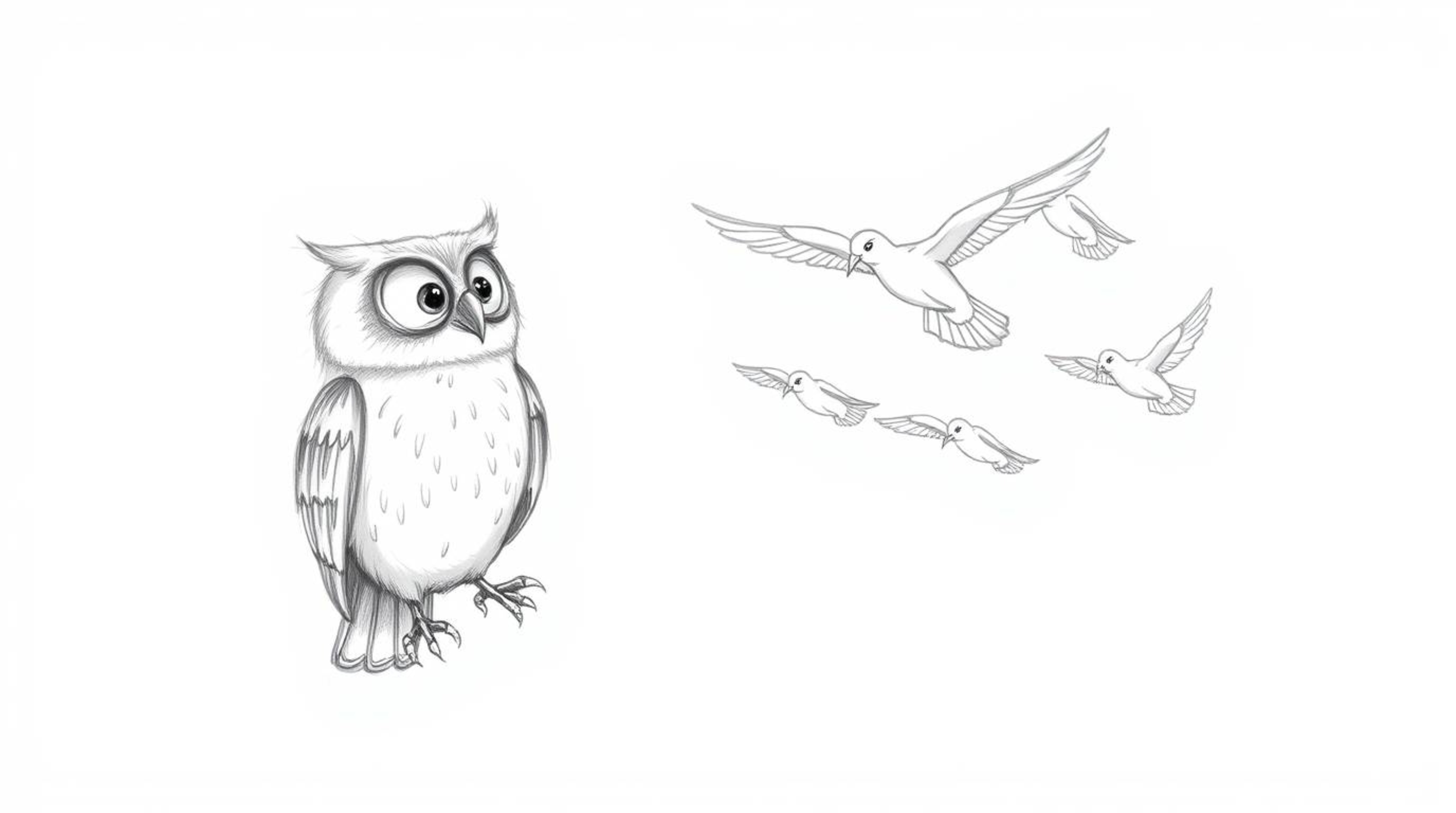 A whimsical hand-drawn pencil sketch in the style of Pixar depicts a wise, blind owl with soft, feathery textures teaching a 
