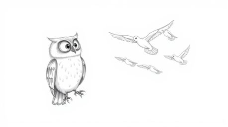 A whimsical hand-drawn pencil sketch in the style of Pixar depicts a wise, blind owl with soft, feathery textures teaching a 
