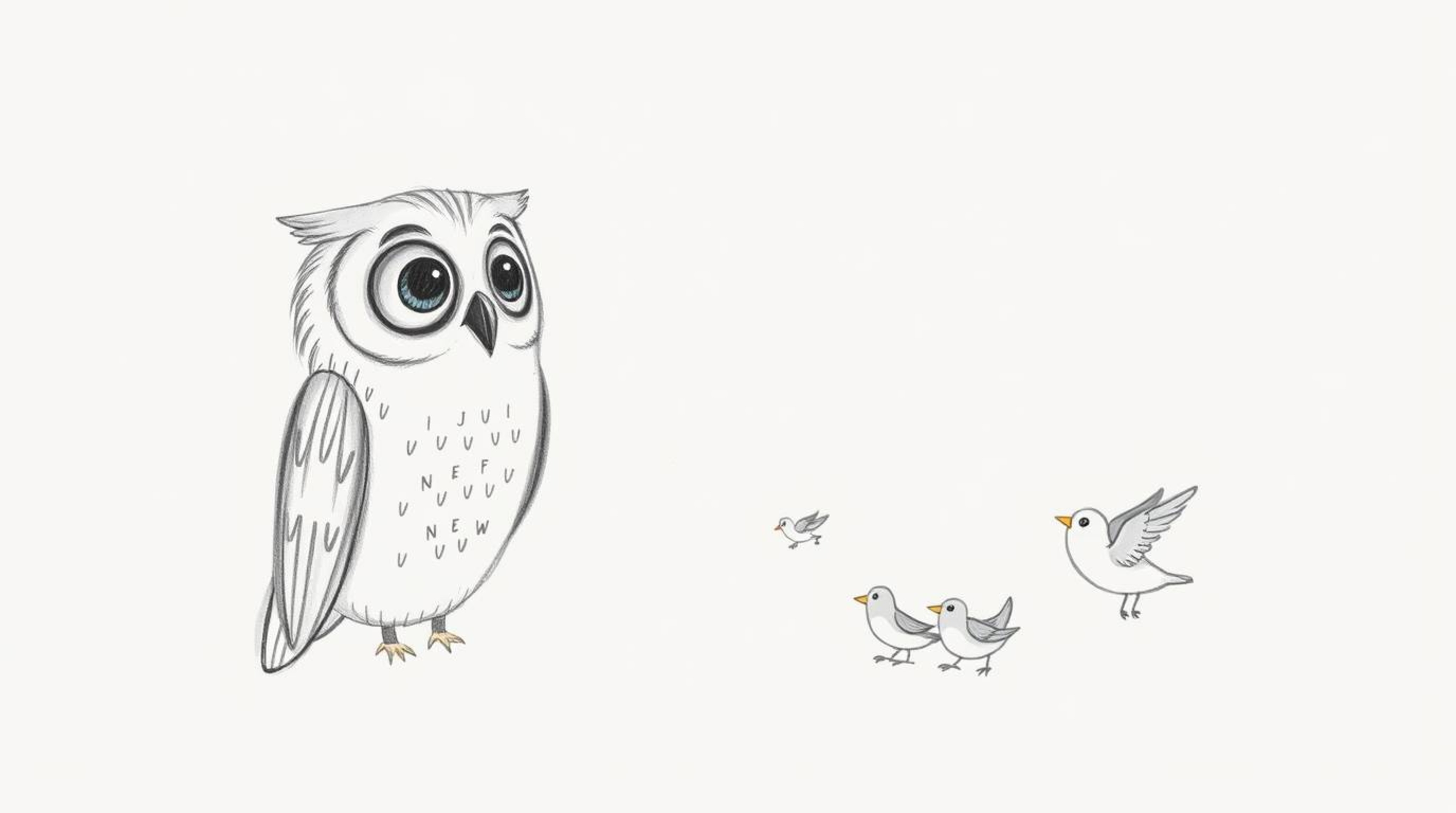 A whimsical, hand-drawn sketch in the style of Pixar depicts a blind owl, its facial features gentle and wise, using smell, s