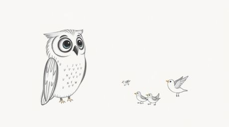 A whimsical, hand-drawn sketch in the style of Pixar depicts a blind owl, its facial features gentle and wise, using smell, s