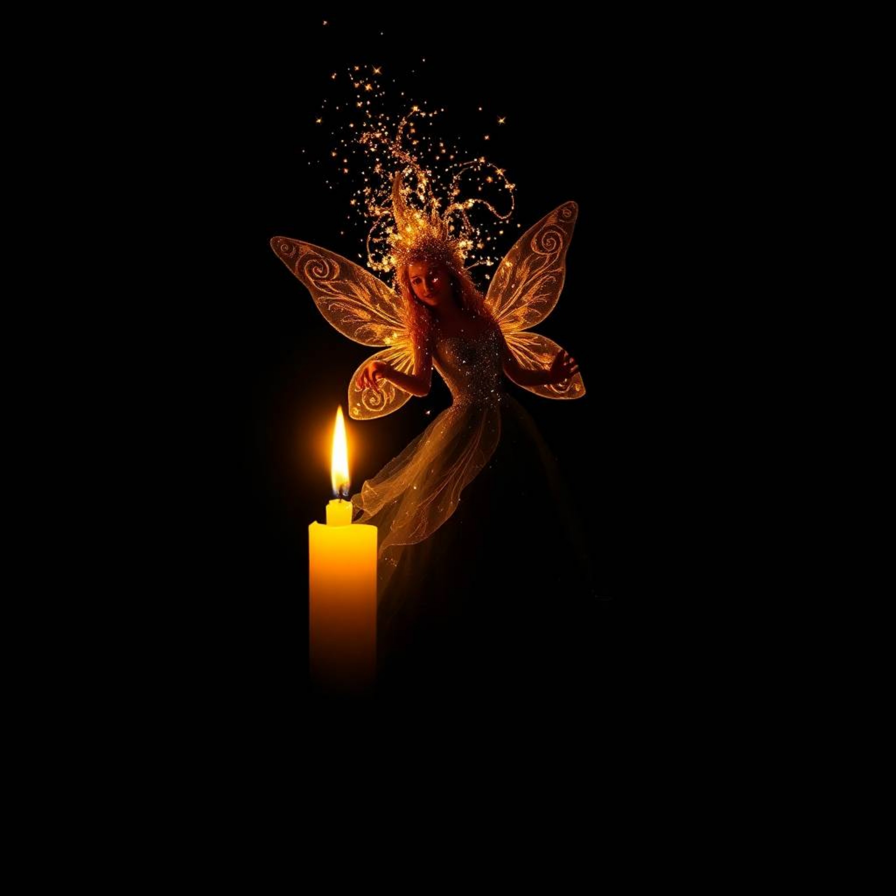 A captivating image depicting a fairy godmother emerging from a swirl of sparkles against an intense jet black background. Wa