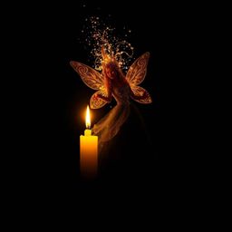 A captivating image depicting a fairy godmother emerging from a swirl of sparkles against an intense jet black background. Wa