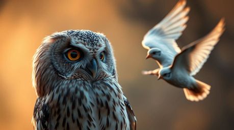 Explore a captivating fine art photograph featuring a blind owl with soft feathers, tenderly guiding birds to take flight.  C