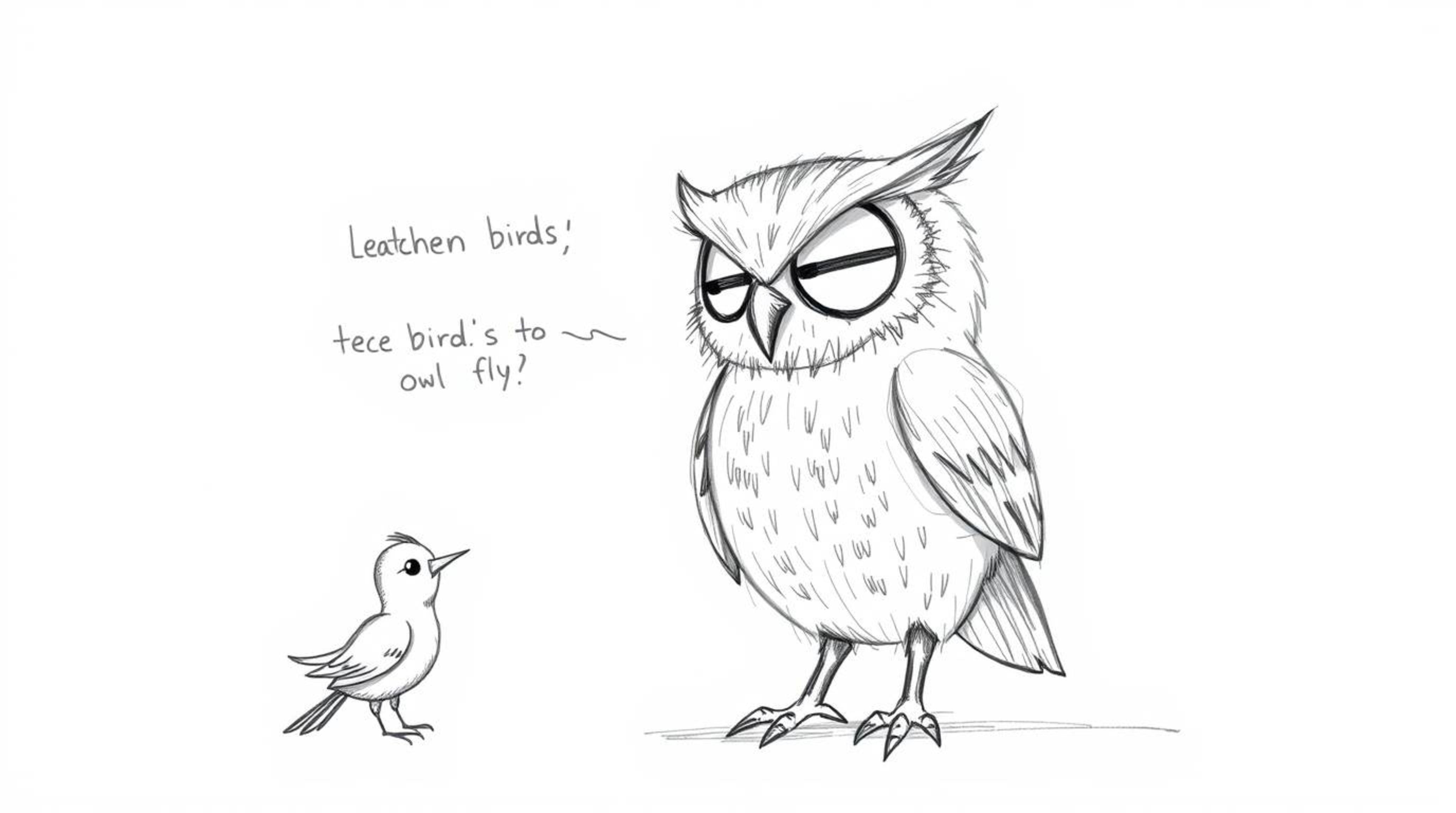 A heartwarming hand-drawn sketch, reminiscent of Pixar's style, portrays a blind owl dedicated to teaching birds how to fly. 