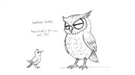 A heartwarming hand-drawn sketch, reminiscent of Pixar's style, portrays a blind owl dedicated to teaching birds how to fly. 