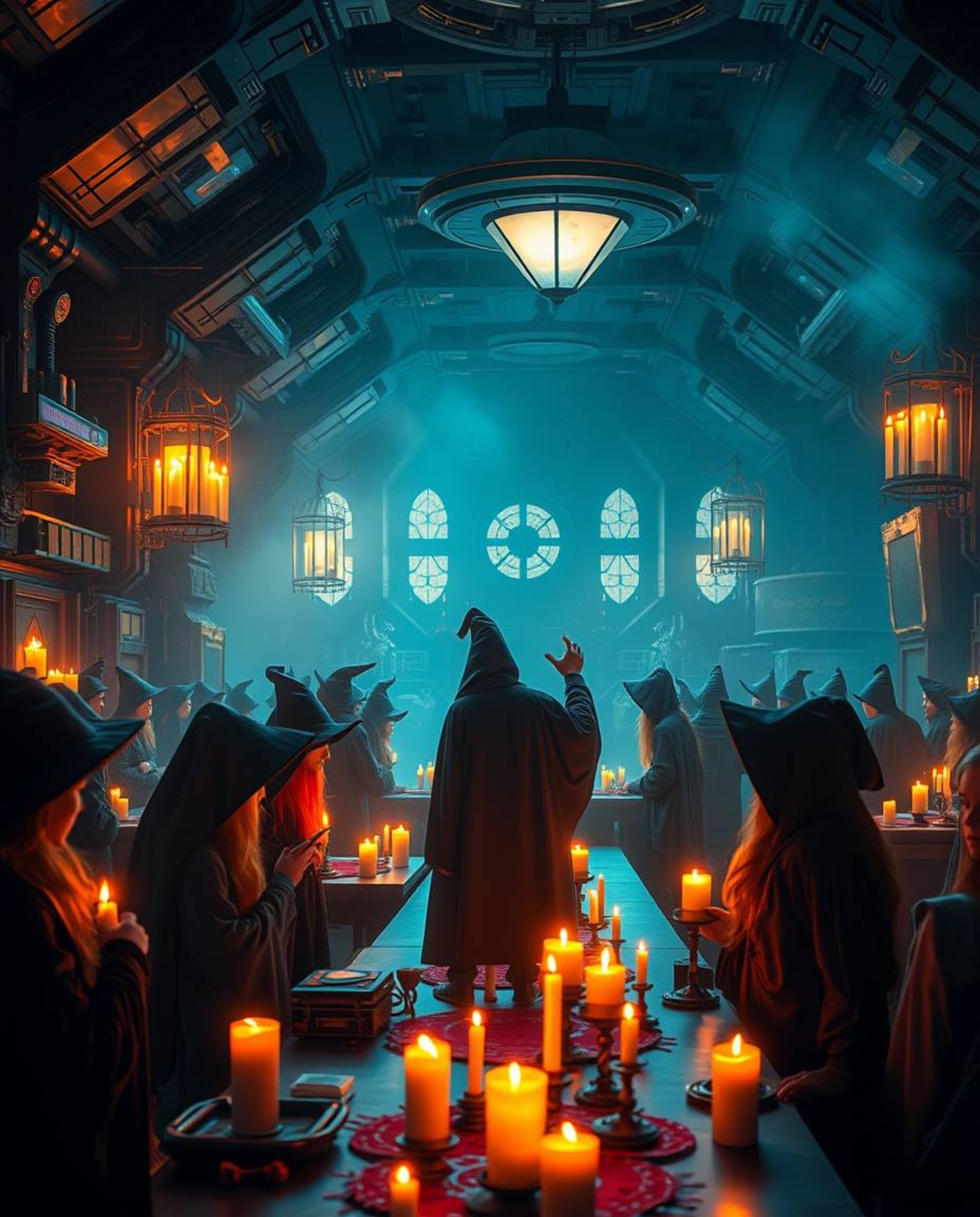 Imagine a magical school teeming with young wizards, bathed in the warm glow of candlelight, yet infused with futuristic, sci