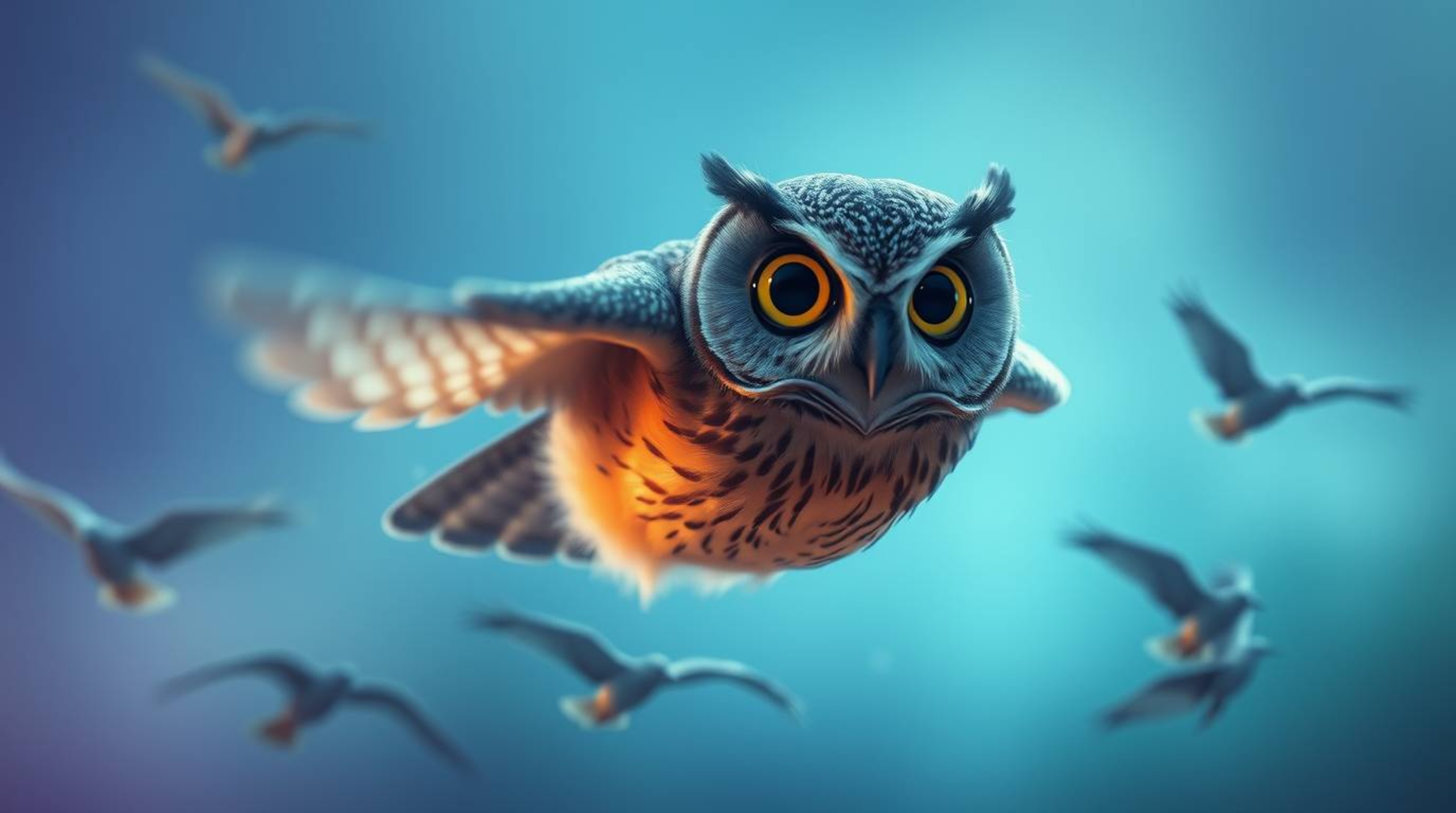An ethereal and spiritual long exposure photograph, enhanced by a soft cinematic haze and cool colors, captures a blind owl i
