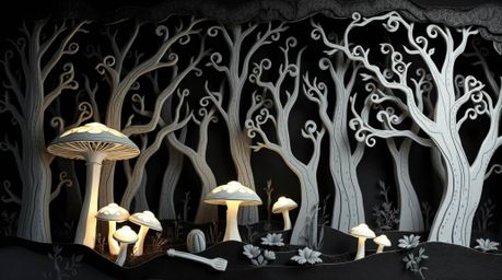 This classic black and white, layered papier-mâché sculpture depicts a vintage-style enchanted forest, beautifully detailed w