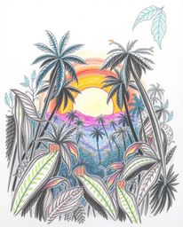 A hand-drawn sketch captures a sunset seen through a dense jungle canopy. This unique artwork stands out with its use of biol