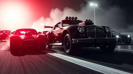 Experience a wacky racing scene featuring outlandish cars rendered in pure black. The image showcases intense jet black color