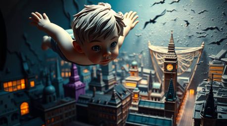 This artwork features a sculptural clay rendering of a fair-skinned young boy soaring above a meticulously detailed London ci