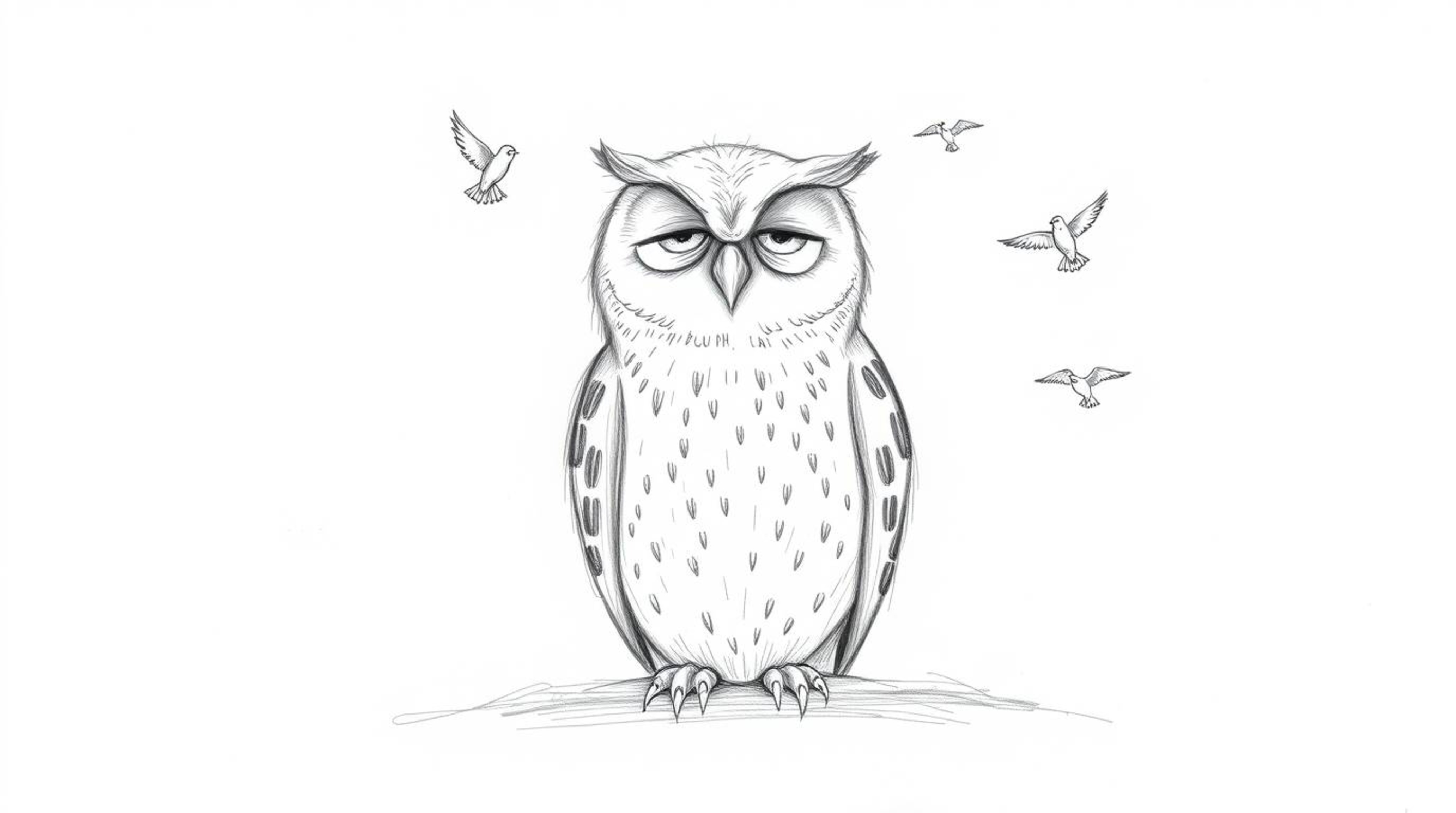 A captivating Pixar-esque hand-drawn sketch depicts a blind owl, beautifully rendered with textured pencil strokes and rough 