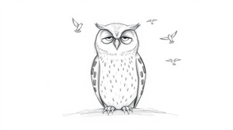 A captivating Pixar-esque hand-drawn sketch depicts a blind owl, beautifully rendered with textured pencil strokes and rough 