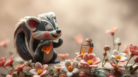 This charming clay sculpture depicts a cartoon skunk playfully spraying perfume on flowers, bathed in a soft, hazy light that