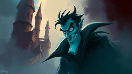 A vibrant digital sketch showcases a classic Disney villain within a misty, atmospheric old castle. The artwork, rendered in 