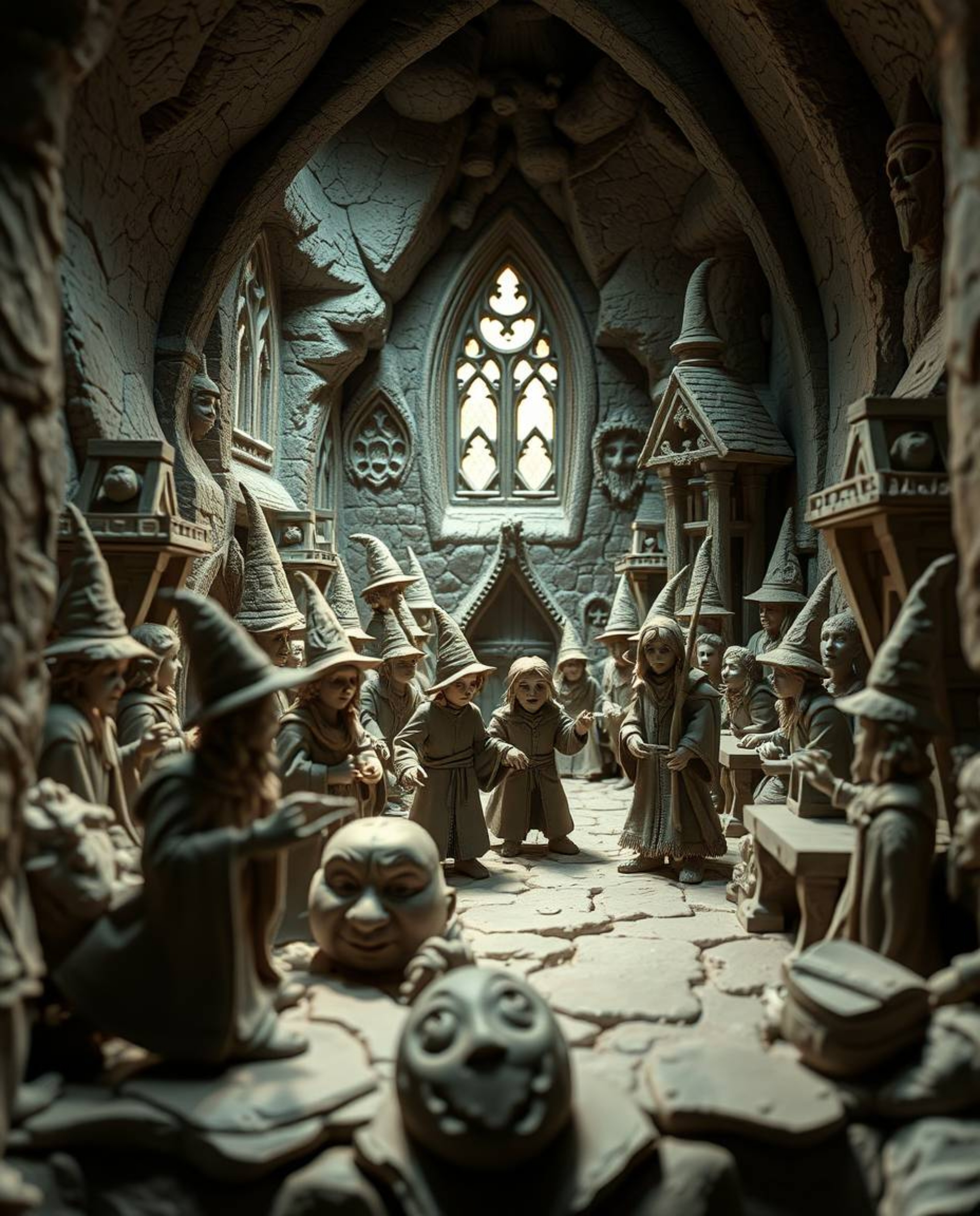 This sculptural clay artwork depicts a magical school teeming with young wizards, brought to life with intense dramatic light