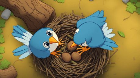 Delightful overhead view of two cartoon birds meticulously constructing their nest in a charming classic animation style. Th