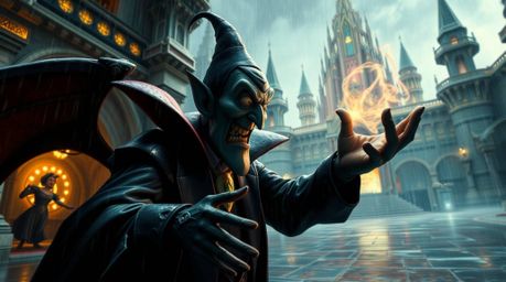 A classic Disney villain, with exaggerated features, casts a powerful spell in a grand castle. The scene unfolds under a driz