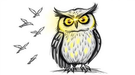 A charming hand-drawn sketch in Pixar style depicts a blind owl with radiant, glowing feathers catching a sunbeam as it gentl