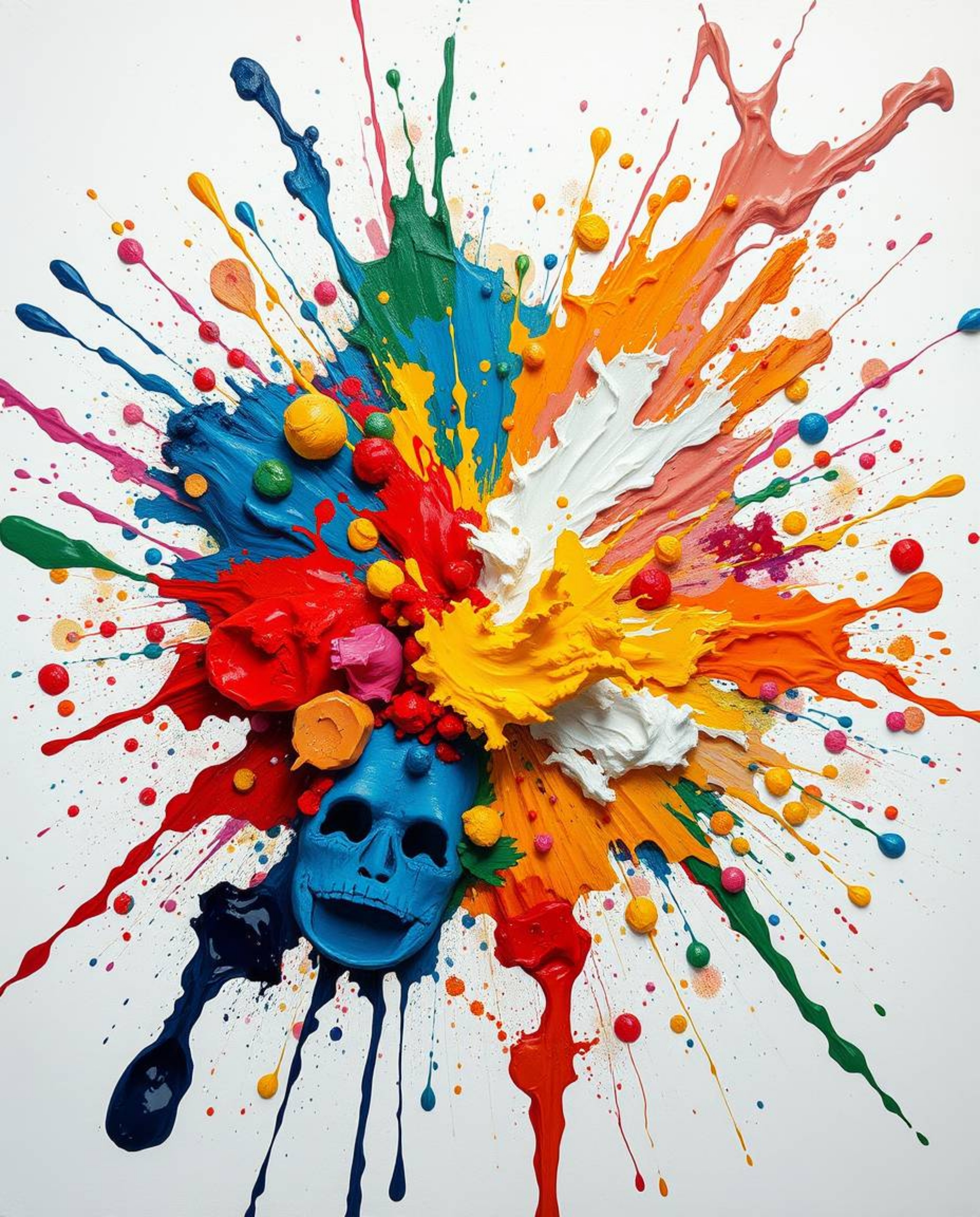 This overhead, bird's-eye view showcases a classic oil painting: a vibrant explosion of colorful paint splashes on a pristine
