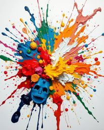 This overhead, bird's-eye view showcases a classic oil painting: a vibrant explosion of colorful paint splashes on a pristine