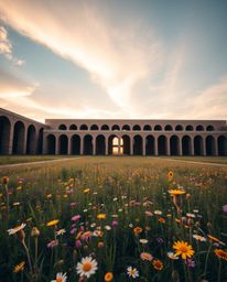 A precise architectural color photograph captures a sunset over a spring wildflower meadow in a stunning wide angle. This ima