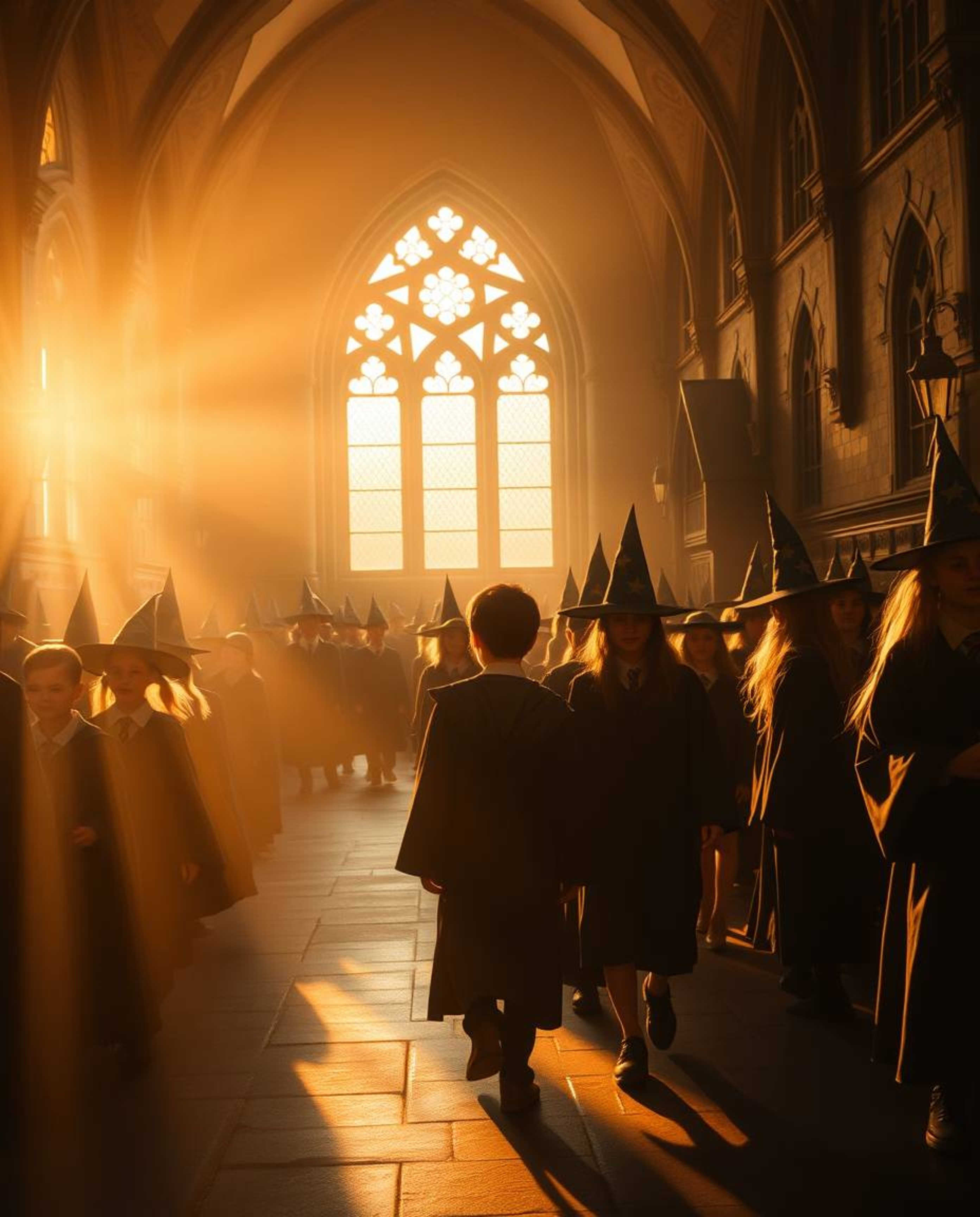 Immerse yourself in a cinematic world with this breathtaking image of a magical school teeming with young wizards. Bathed in 