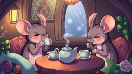 A captivating isekai-style anime illustration featuring anthropomorphic mice enjoying a tea party in a cozy cottage. Iridesc