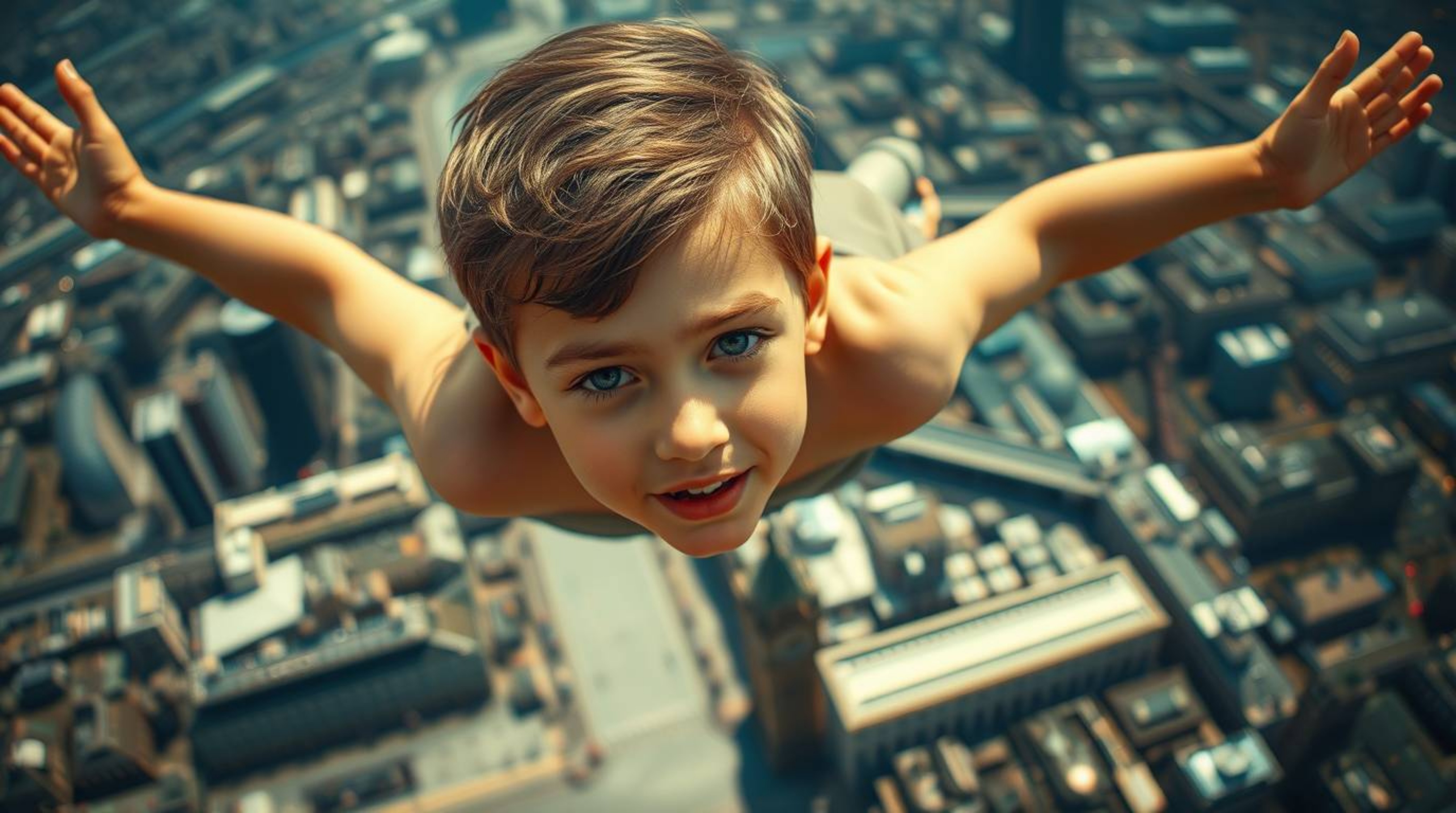 A graceful young boy with refined features and fair skin soars above a vibrant London cityscape, bathed in iridescent colors 