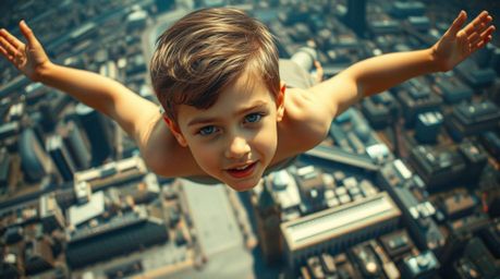 A graceful young boy with refined features and fair skin soars above a vibrant London cityscape, bathed in iridescent colors 