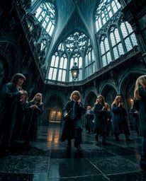 Experience the enchantment of a magical school brimming with young wizards on a rainy day. This captivating image features d