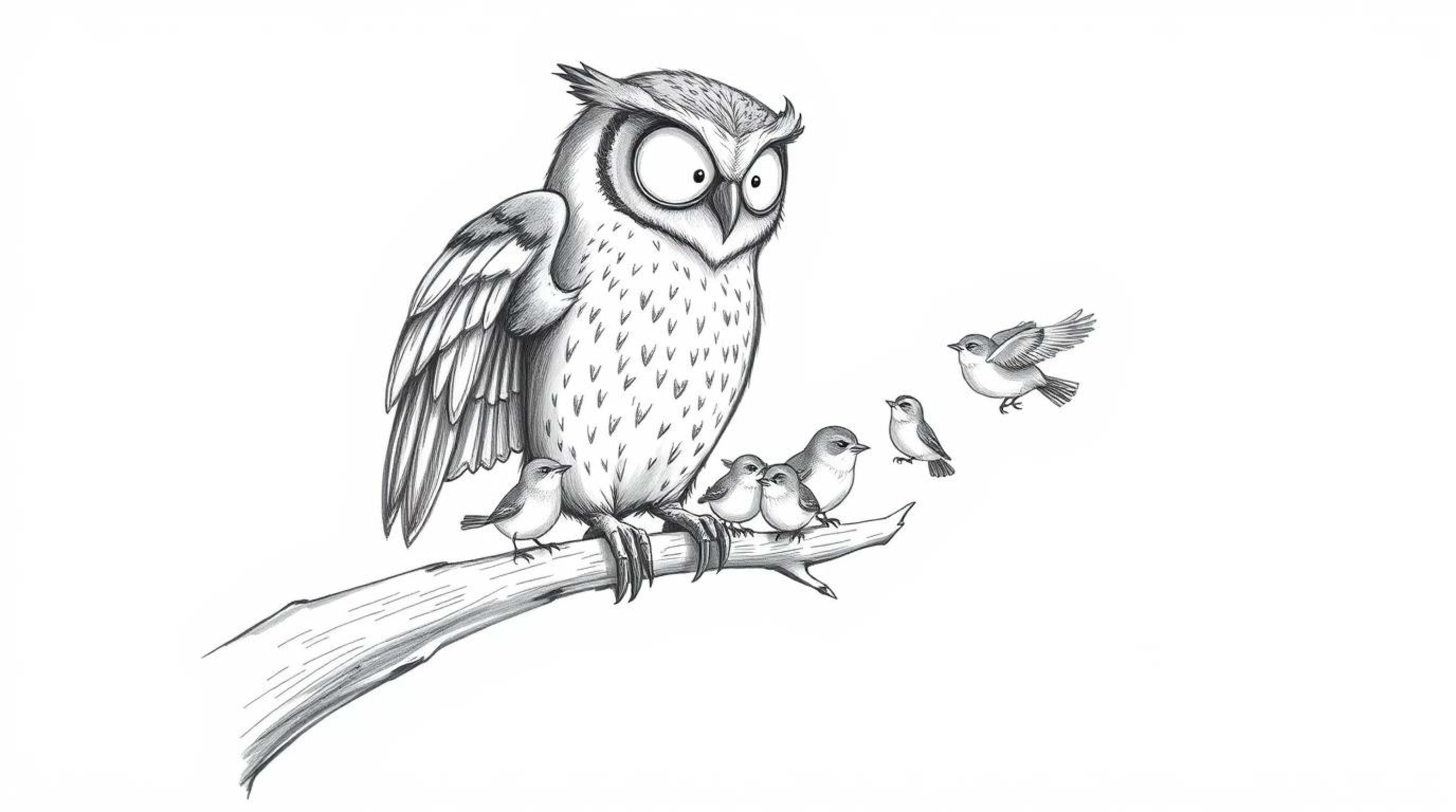 A charming Pixar-style, hand-drawn sketch depicts a blind owl, meticulously detailed with textured pencil strokes, in the act