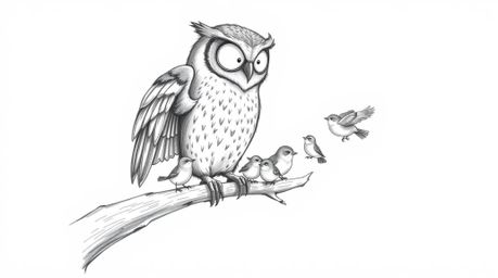 A charming Pixar-style, hand-drawn sketch depicts a blind owl, meticulously detailed with textured pencil strokes, in the act