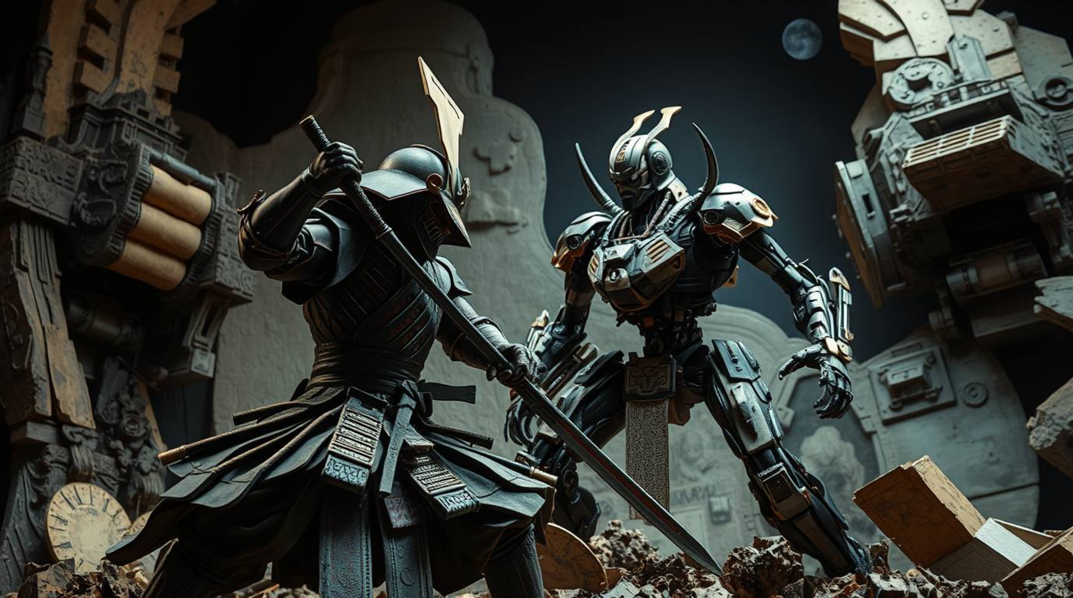Explore a visually striking scene of a samurai battling a robot in a desolate dystopian world, brought to life through layere