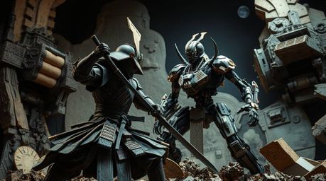 Explore a visually striking scene of a samurai battling a robot in a desolate dystopian world, brought to life through layere