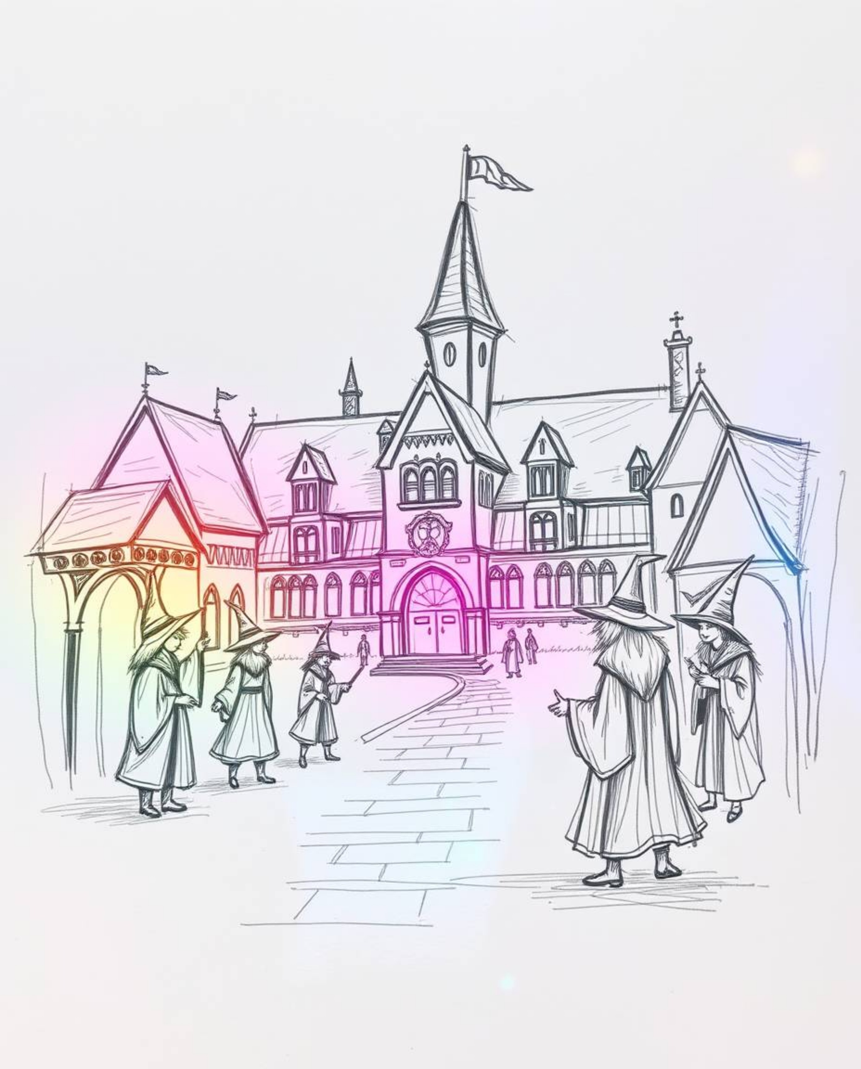 Discover a captivating hand-drawn illustration of a magical school brimming with young wizards.  Layered iridescent colors sh