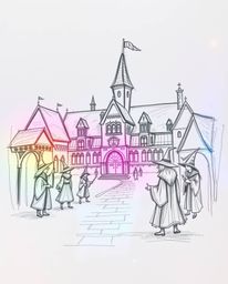 Discover a captivating hand-drawn illustration of a magical school brimming with young wizards.  Layered iridescent colors sh