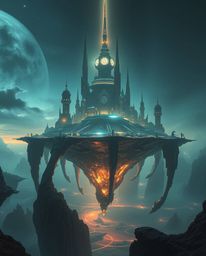 This image showcases a surreal floating island featuring bizarre architecture, depicted in a grand and epic scene infused wit