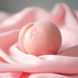 A captivating classic black and white close-up image featuring a soft pink peach resting on pastel pink silk. The photograph 