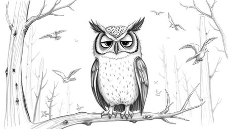 A charming hand-drawn pencil sketch in the style of Pixar, depicting a kind-eyed blind owl patiently teaching birds to fly wi