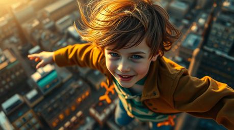 A captivating scene unfolds with a young boy, his hair windswept, soaring high above London, propelled by shimmering pixie du