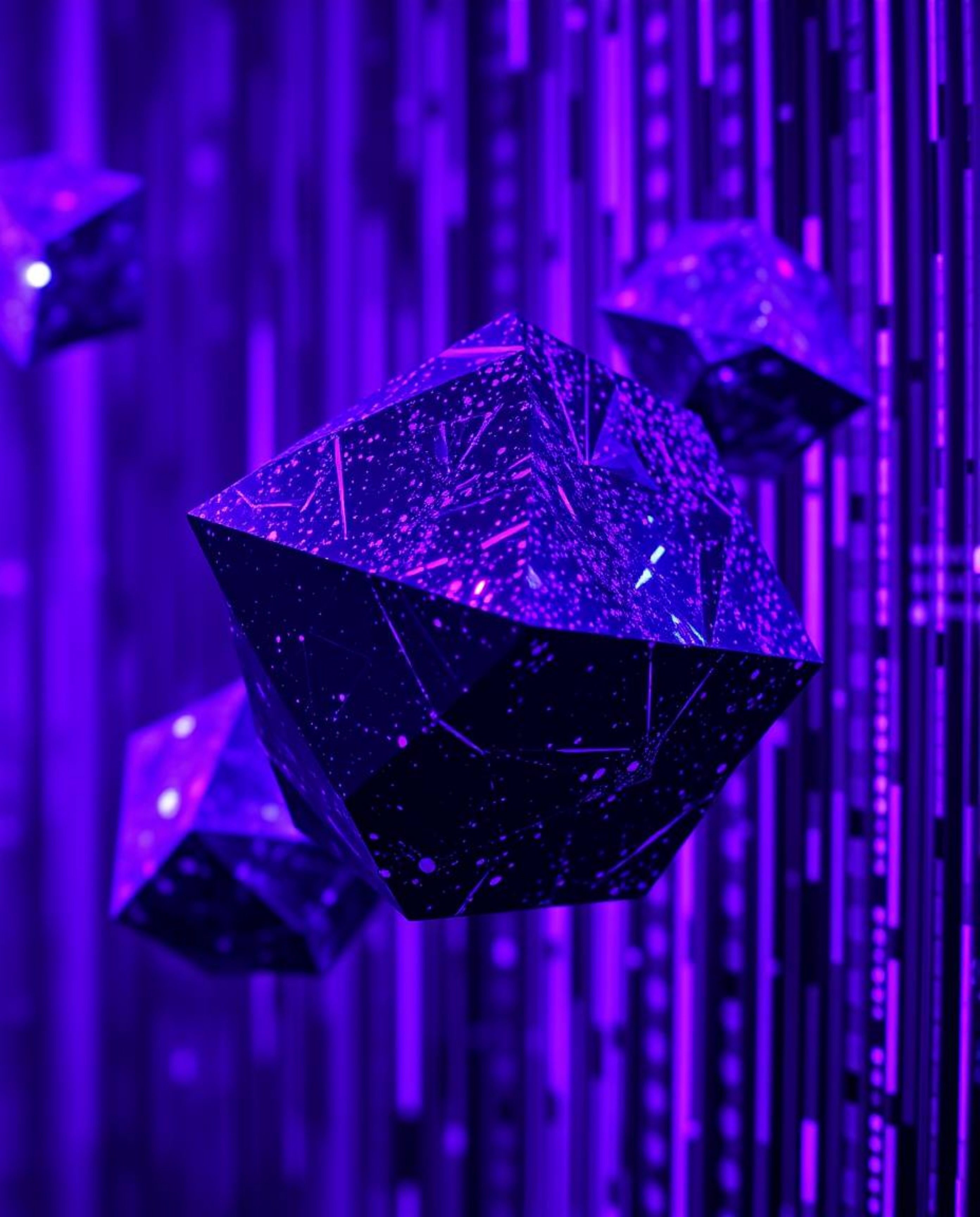 Dive into a vibrant cyberspace matrix featuring highly detailed, glitched geometric shapes.  This close-up shot showcases dee