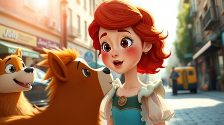 Capturing a candid street photography moment, we see a princess with striking freckled skin and fiery red hair, immersed in a