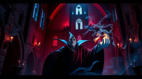 Witness a grand, epic scene of a classic Disney villain weaving a dark spell within the aged walls of an ancient castle. Bath