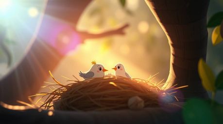 A charming animation depicting two cartoon birds diligently constructing their nest. Rendered in a classic animation style w