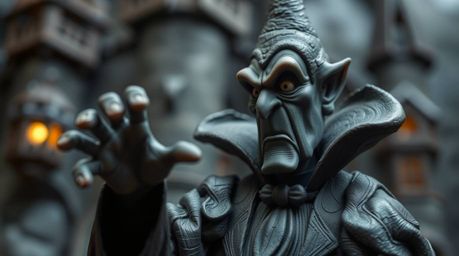 A captivating clay sculpture depicts a classic Disney villain with exaggerated features and dark skin, casting a spell within
